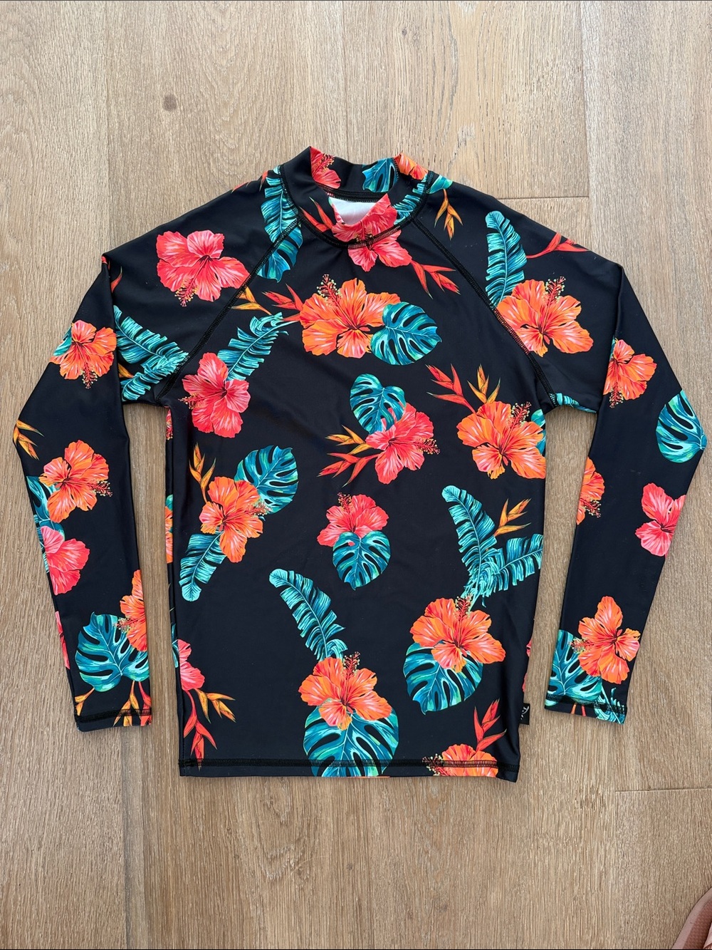 Black Floral Long Sleeve Rash Guard - Tropical Hibiscus Print